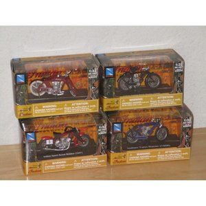 New Ray Lot of 4 Indian Motorcycles V-2 Twin Racer Camel Bobber 1:32 Scale New